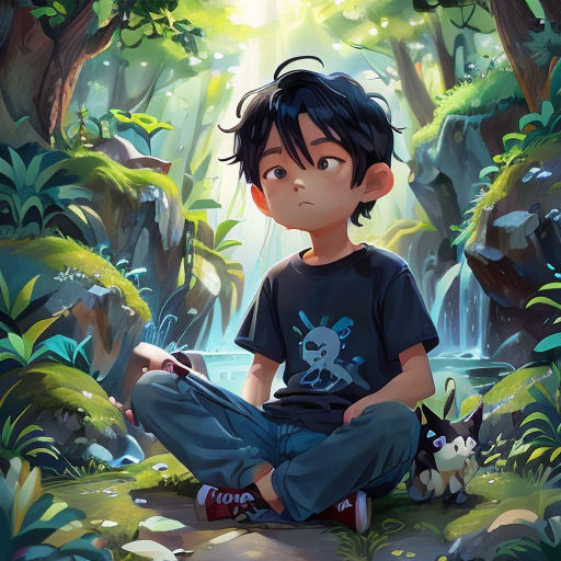 a boy sitting on a rock in the forest with a cat and a dog nearby by a waterfall and a waterfall