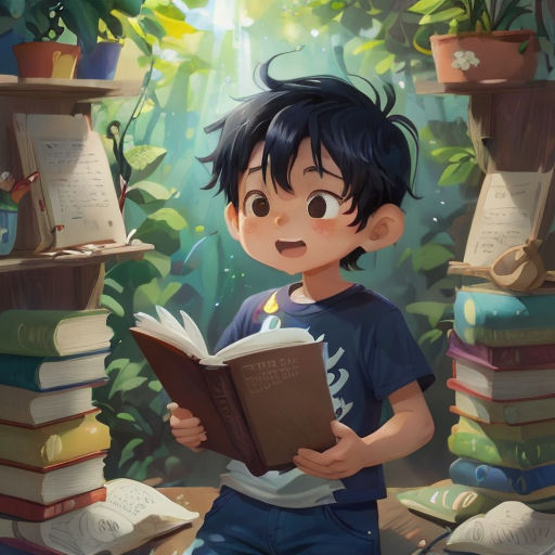 a boy reading a book in a forest with lots of books on the ground and plants growing on the shelves