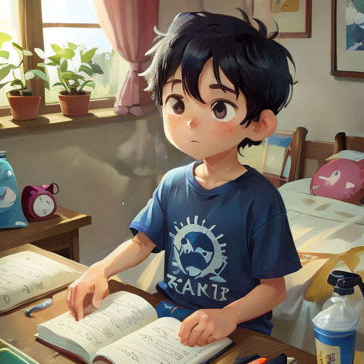 a boy sitting at a table with an open book in front of him and a bottle of water in the background