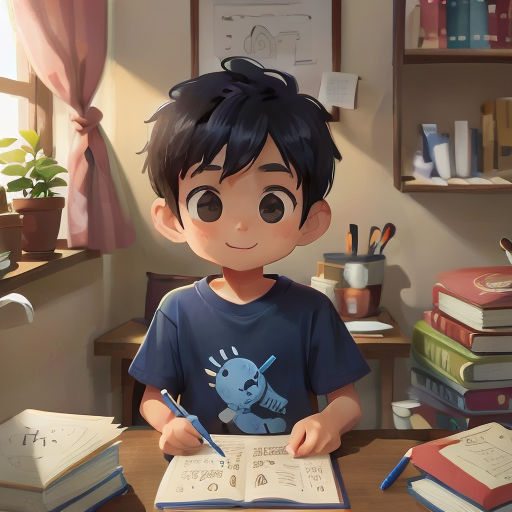 a boy sitting at a desk with a book and pen in his hand and a book in front of him