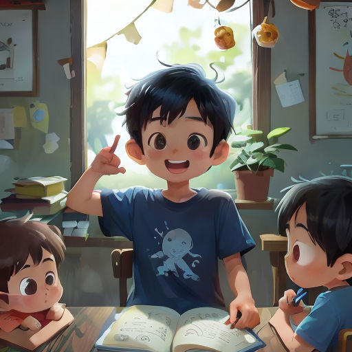 a boy and a girl are sitting at a table with an open book and pointing at the pages of a book