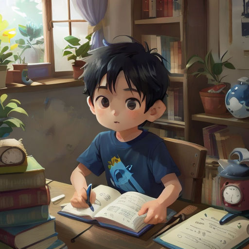 a boy sitting at a desk with a book and pen in his hand and a clock in the background