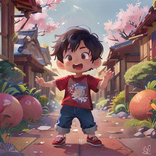 a young boy standing in front of a street with a lot of trees and flowers on it's side