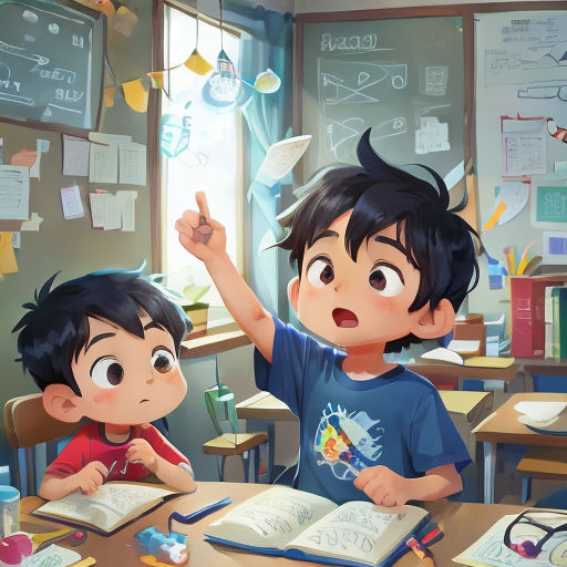 two children are sitting at a desk with books and papers in front of them, and one boy is pointing at the book