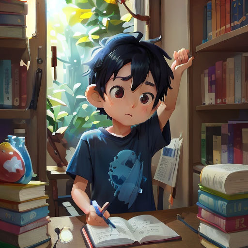 a boy is writing in a book in front of a desk with books and a plant on it and a lamp