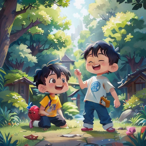 two children are standing in the woods together, one is holding a hand and the other is pointing at something