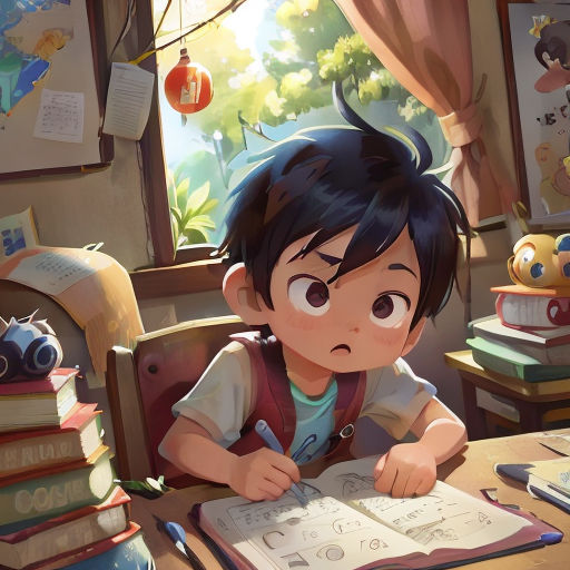 a boy sitting at a table with a book and a pen in his hand and looking at a book