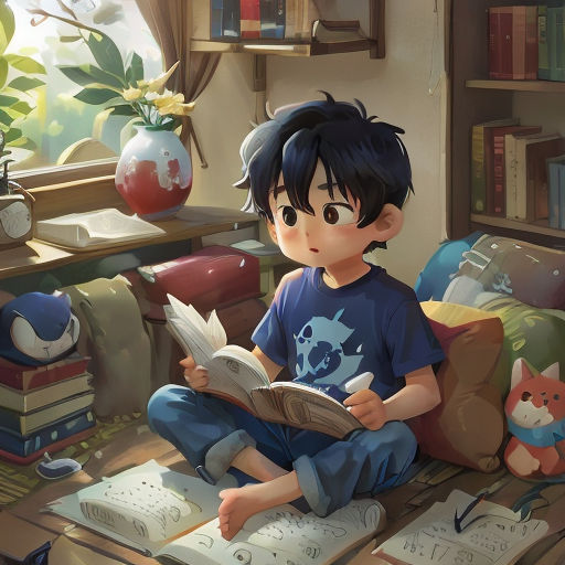 a boy sitting on a bed reading a book in a room with books on the floor and a cat on the floor
