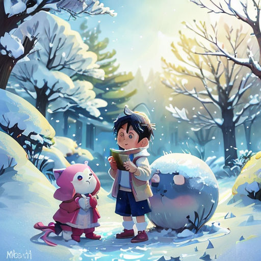a boy and a girl standing in the snow with a snowball in the background and a cat looking at a book