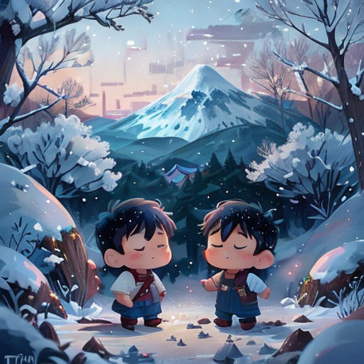 two children standing in the snow with a mountain in the background and a snow covered forest in the foreground