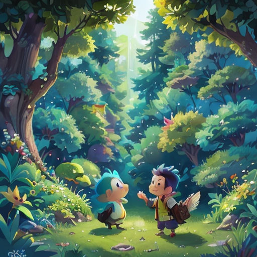 a cartoon character standing in the middle of a forest with a bird on his shoulder and another character in the background