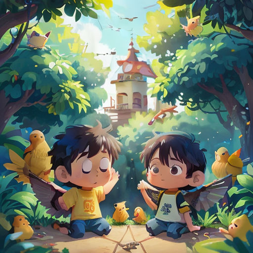 two children sitting in the woods with birds around them and a castle in the background with a birdhouse