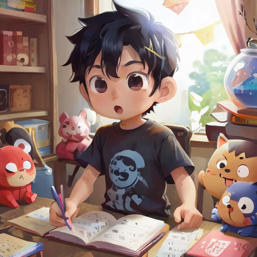 a boy is sitting at a desk with a book and pen in front of him and a bunch of stuffed animals