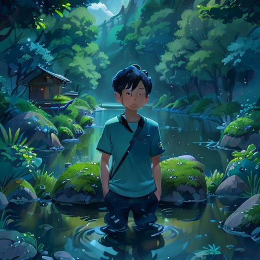 a boy standing in a stream in a forest with a house in the background and a stream running through the woods