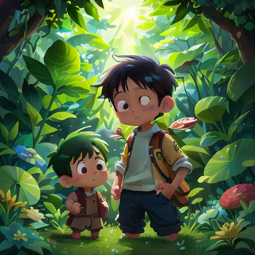 a boy and a boy standing in the middle of a forest with a backpack on their shoulders and a backpack on their shoulder