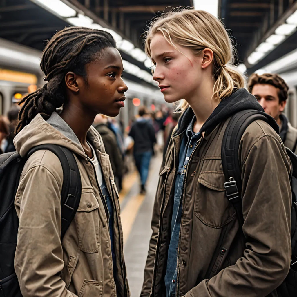 two women standing next to each other in a train station talking to each other while people wait in the background, neoism, a poster, Daniel Lieske, promotional image