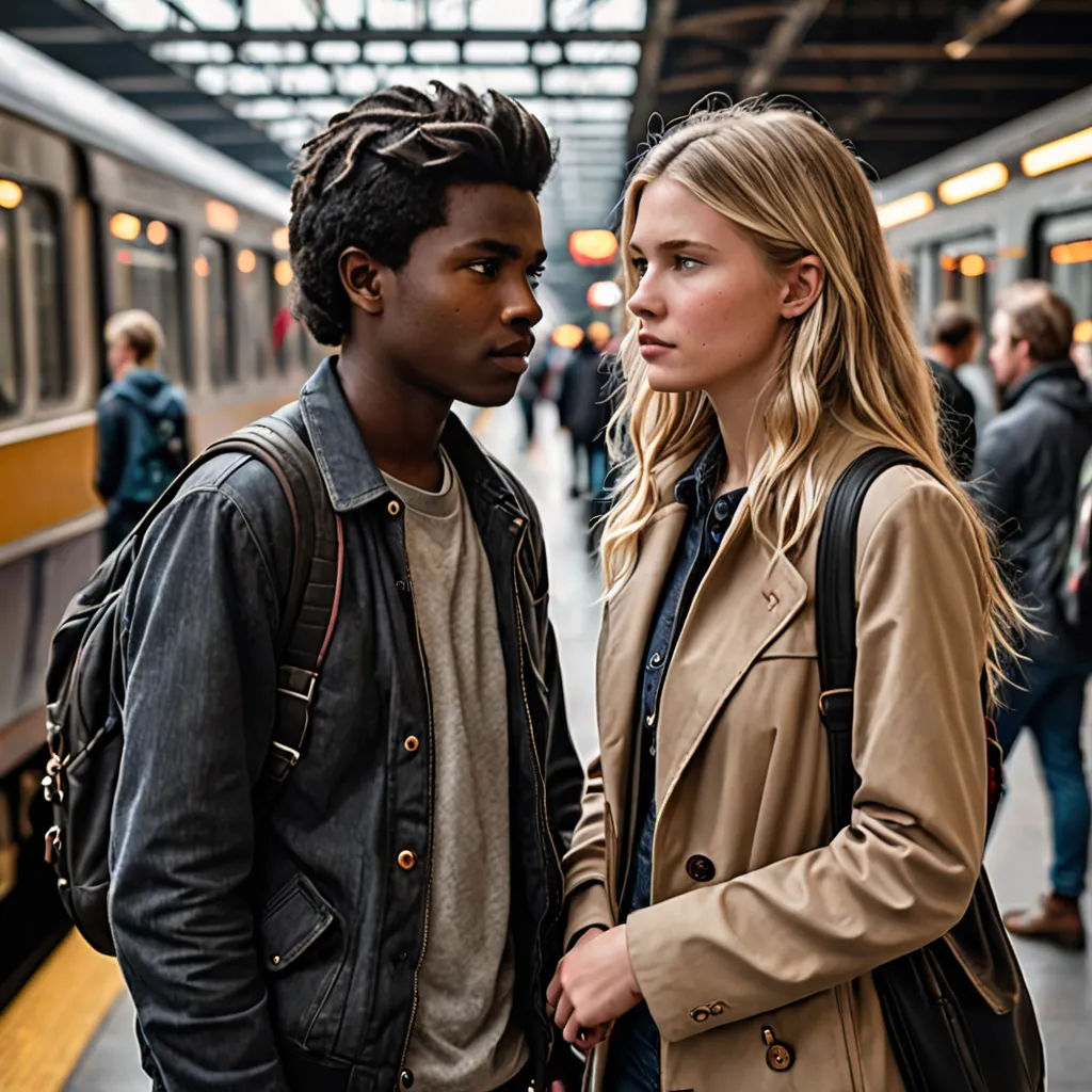 a man and a woman standing next to a train at a station with people waiting on the platform to board, neo-figurative, a poster, Daniel Lieske, promotional image