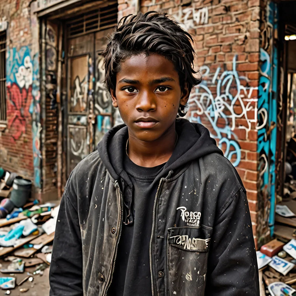a young boy standing in front of a building with graffiti on it's walls and a bunch of junk strewn around, neoism, a character portrait, David Young Cameron, portrait photography