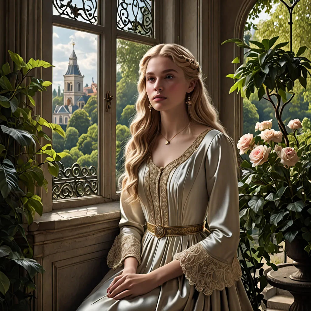 a woman in a dress sitting on a window sill looking out a window at a cityscape, german romanticism, a detailed matte painting, Anne Said, promotional image