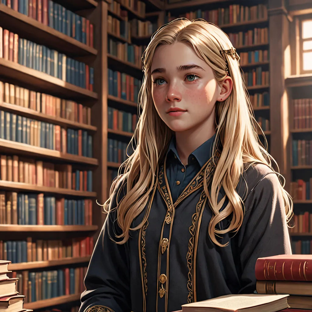 a girl in a library with books on a table and a book case behind her, and a book shelf full of books, fantasy art, a storybook illustration, Charlie Bowater, stanley artgerm lau