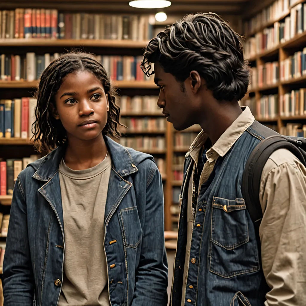 a man and a woman standing in front of a book shelf in a library looking at each other and smiling, neoism, a poster, Felix-Kelly, promotional image