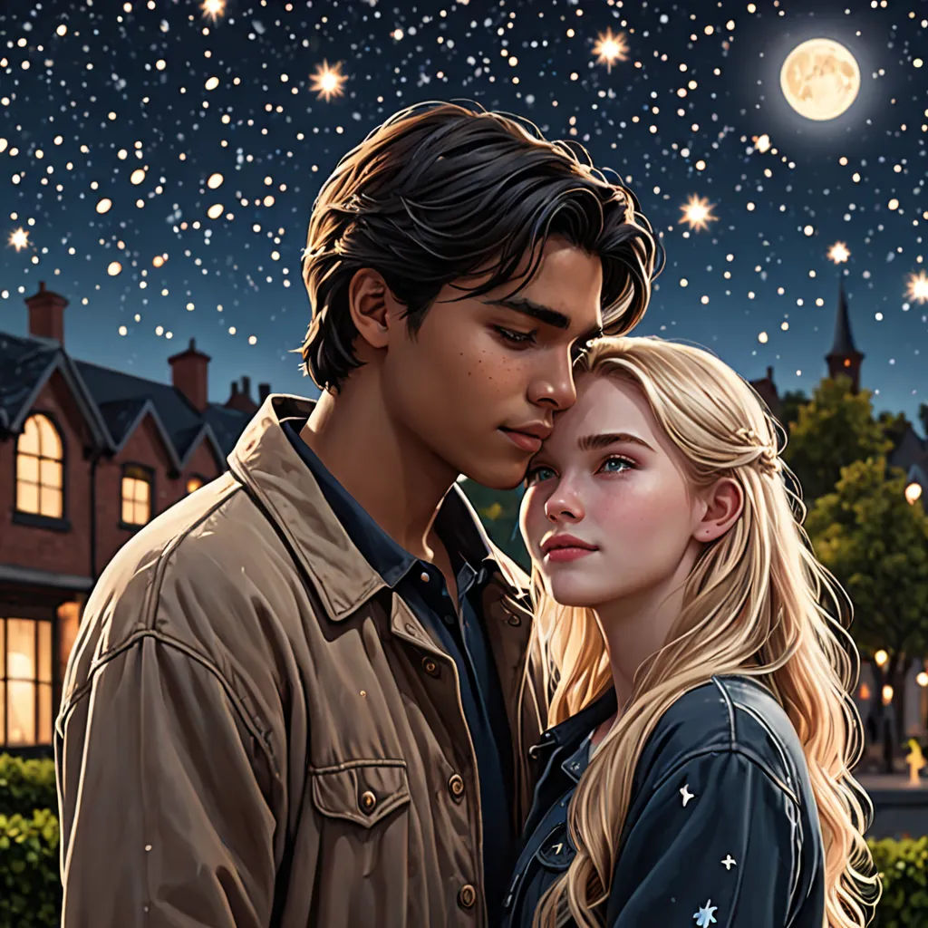 a painting of a couple standing in front of a house at night with stars in the sky above them, magical realism, a storybook illustration, Drew Struzan, official art
