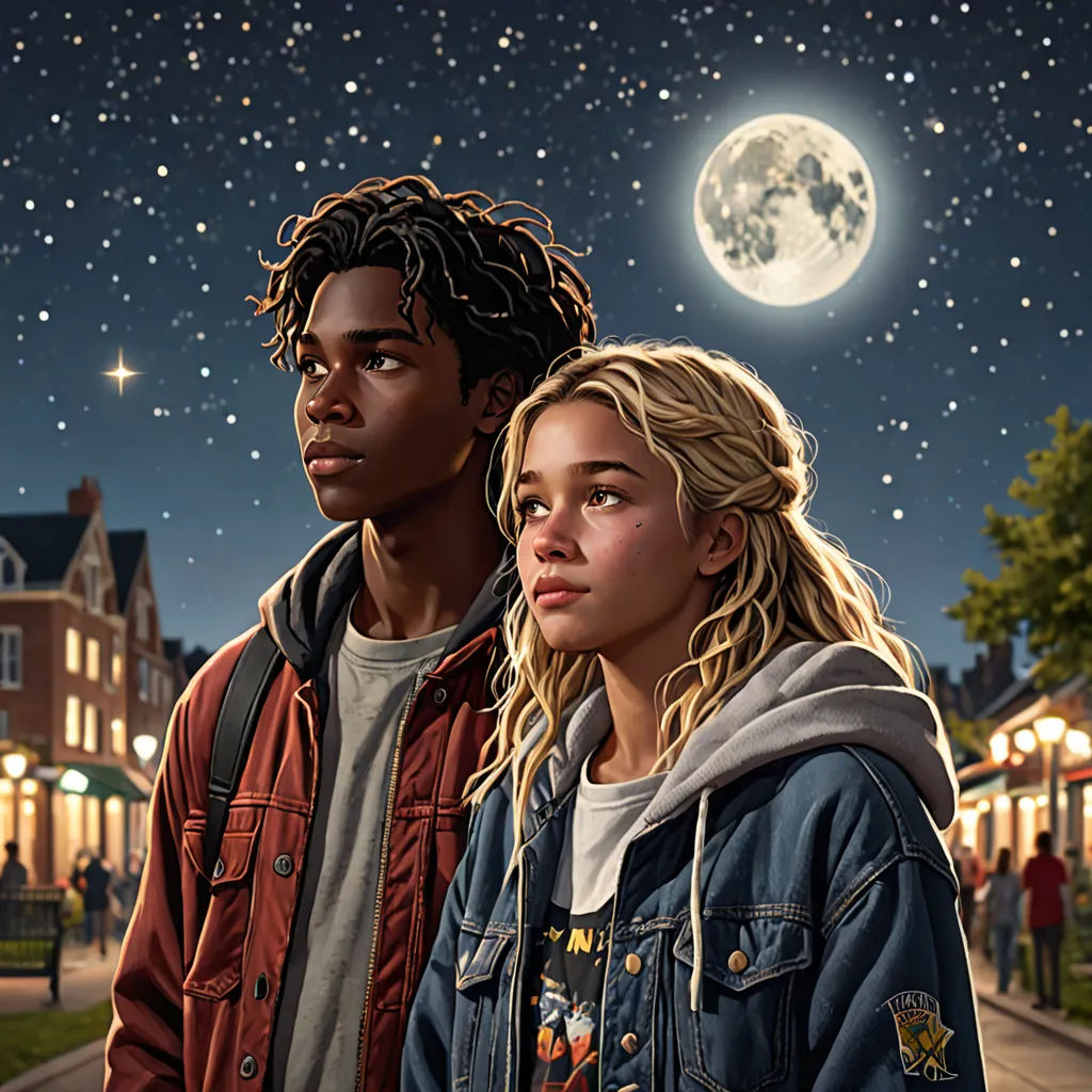 a couple standing next to each other on a street at night with a full moon in the background and stars in the sky, american scene painting, poster art, Felix-Kelly, key art