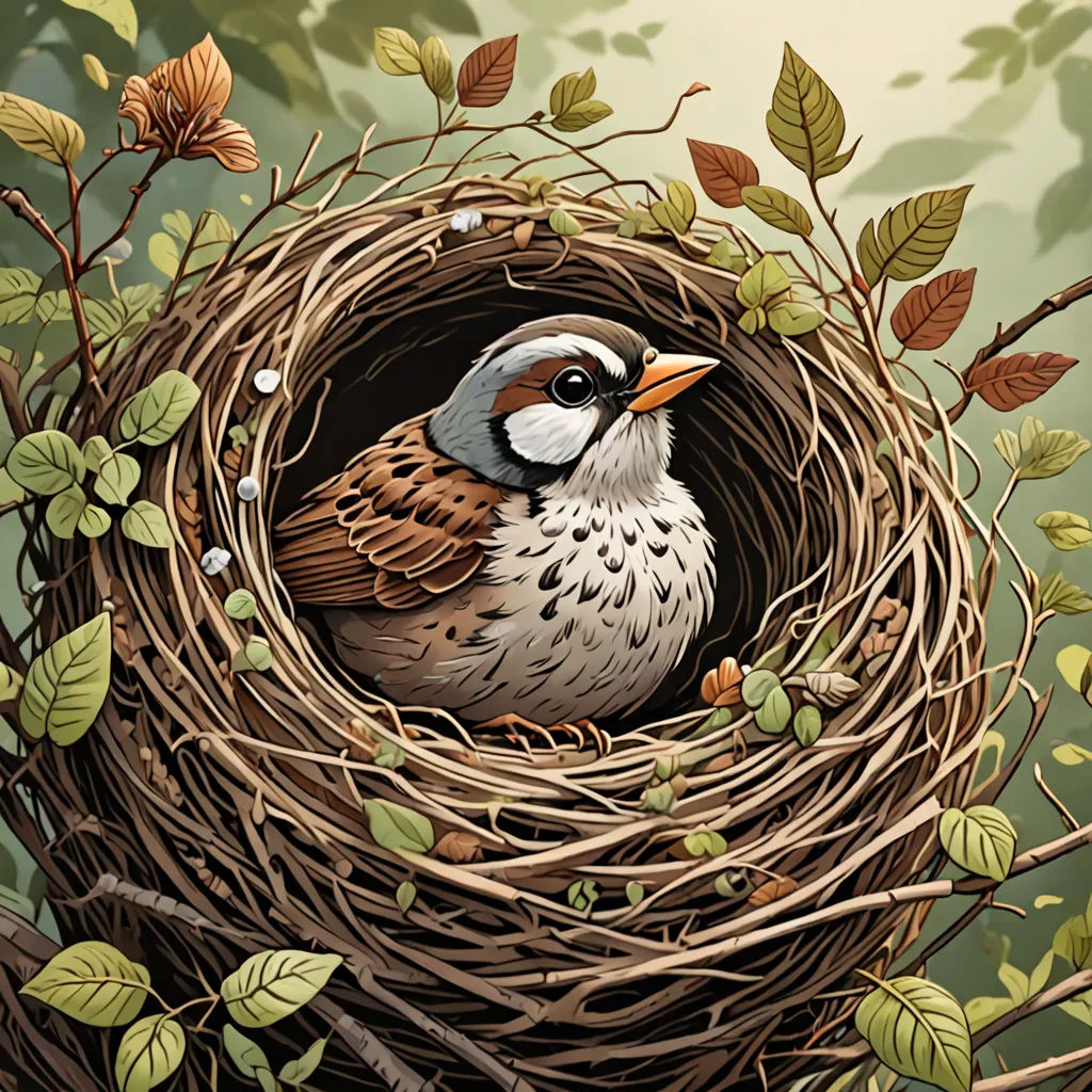 a bird is sitting in a nest with leaves on it's branches and a bird's eye is visible, Dan Mumford, environmental art, a storybook illustration, highly detailed digital painting