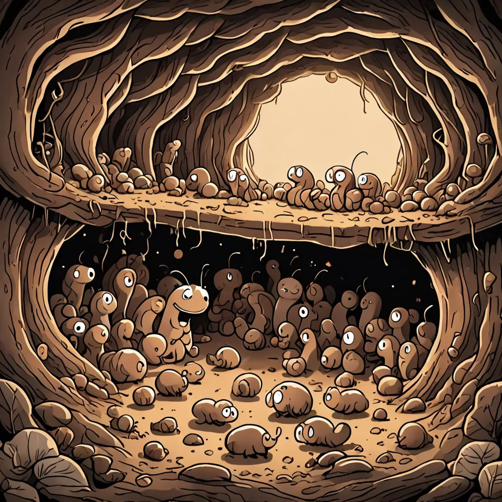 a group of little brown bugs crawling in a cave filled with rocks and dirt, with a light in the background, Dan Mumford, underground comix, a storybook illustration, josan gonzales and dan mumford