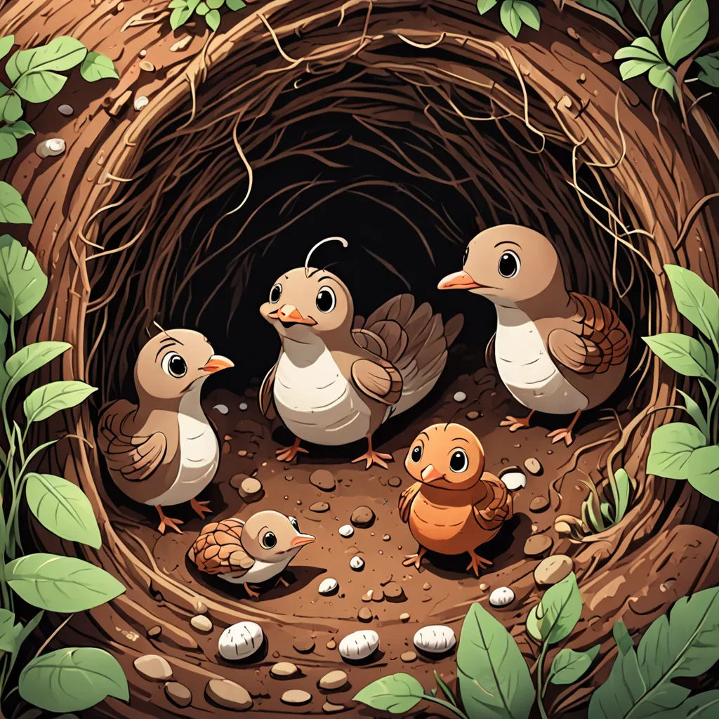 a group of birds standing in a nest with leaves around it and a bird nest with two birds inside, Dan Mumford, pop surrealism, a storybook illustration, highly detailed digital painting