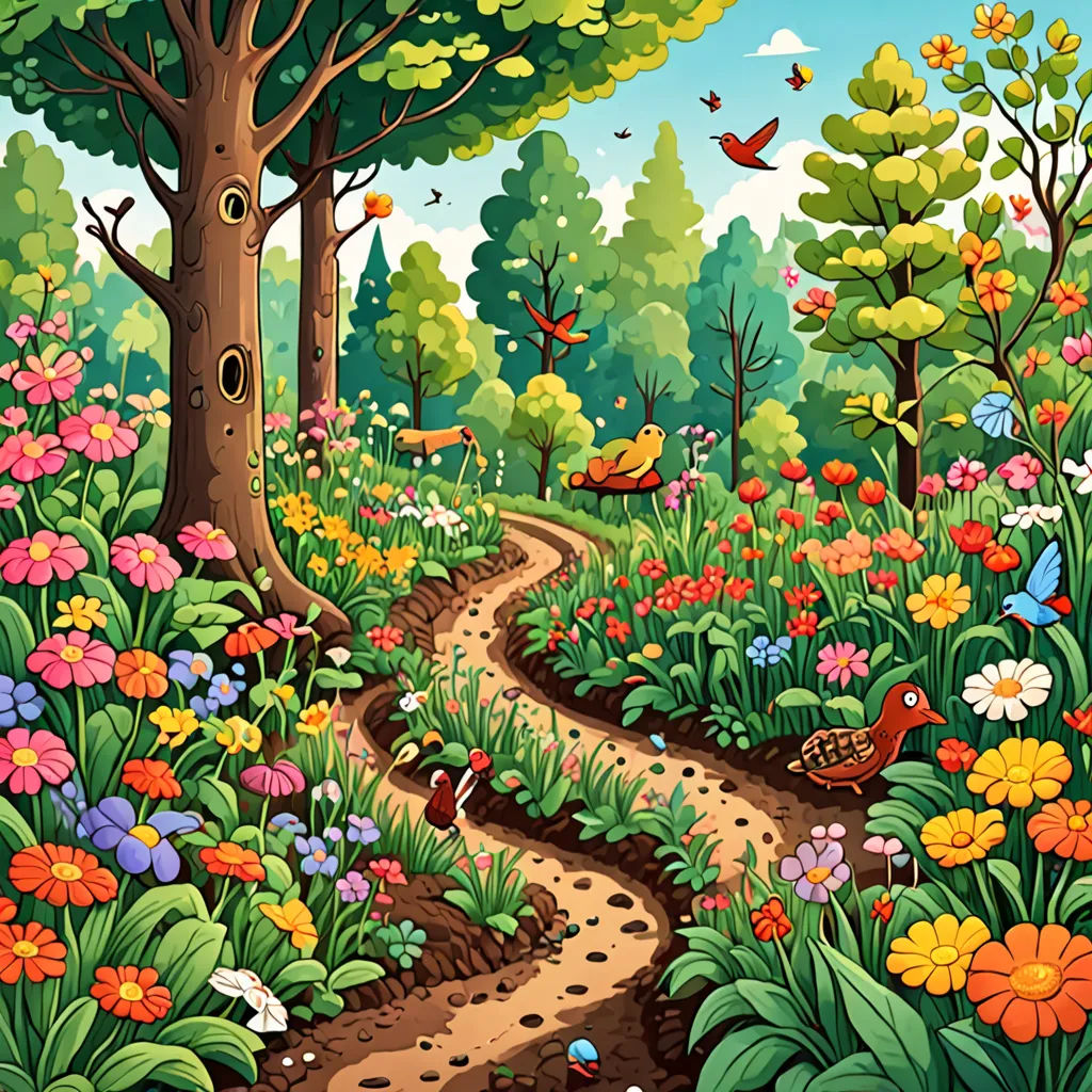 a painting of a forest with a path leading to a tree and flowers on the ground and birds flying around, Chris LaBrooy, naive art, a storybook illustration, highly detailed digital painting