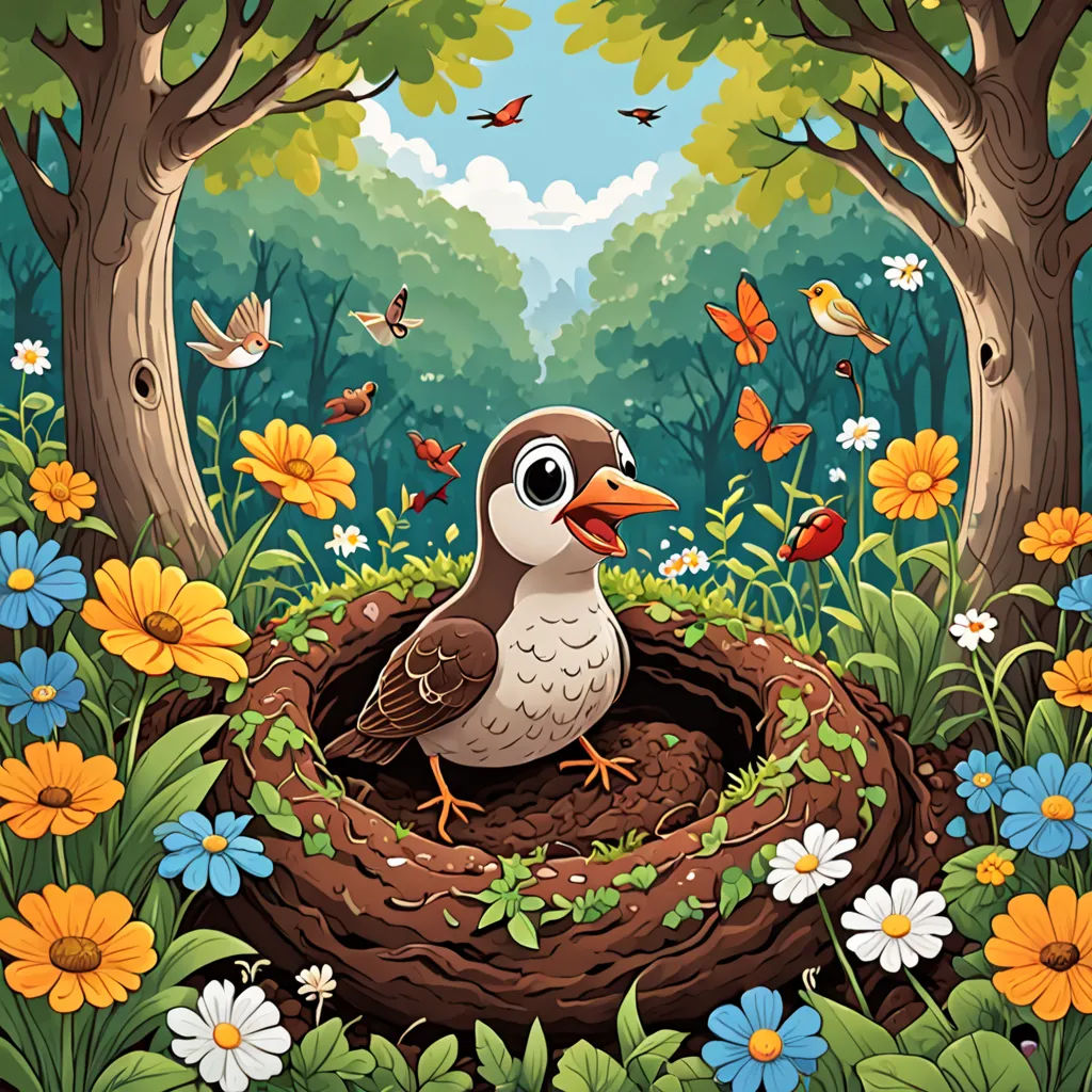 a bird sitting in a nest in a forest filled with flowers and butterflies, with a butterfly flying above, Chris LaBrooy, environmental art, a storybook illustration, storybook illustration