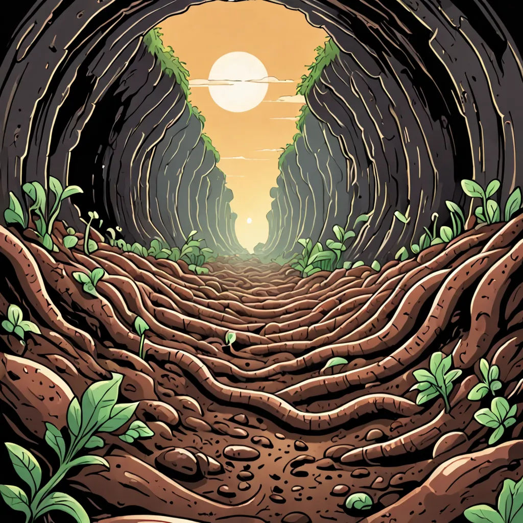 a tunnel with a dirt road and trees growing out of it and a sun in the distance above it, Dan Mumford, underground comix, a storybook illustration, josan gonzales and dan mumford