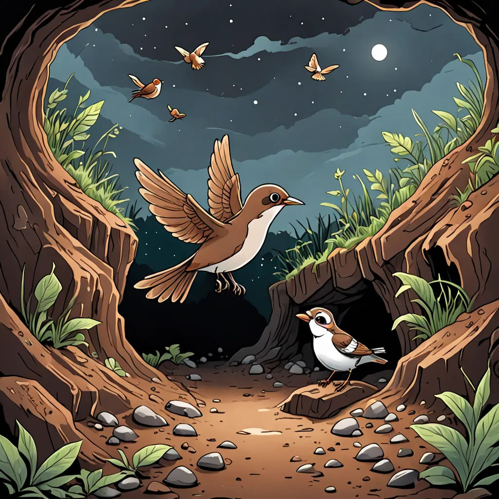 a bird and a bird are in a cave with a moon in the sky above them and some rocks and grass, Dan Mumford, fantasy art, a storybook illustration, storybook illustration