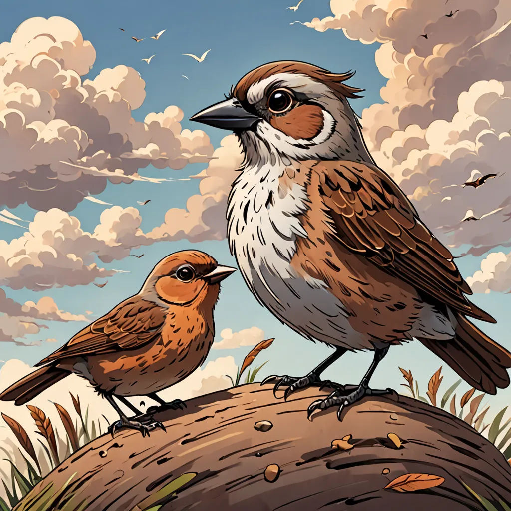 two birds are sitting on a rock in the grass and clouds above them are a few birds that are standing on the rock, Dan Mumford, environmental art, a storybook illustration, birds