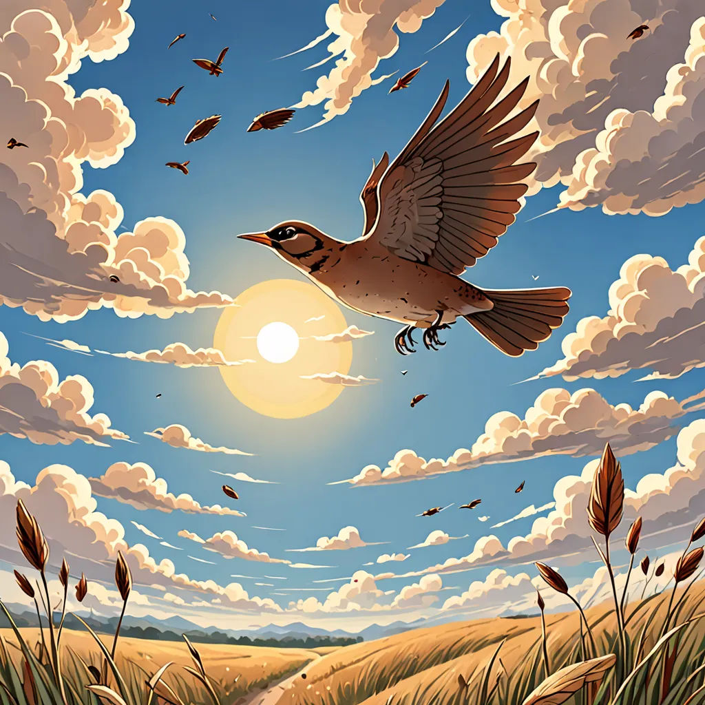 a bird flying over a field with a sun in the background and birds flying around it in the sky, Chris LaBrooy, precisionism, a storybook illustration, highly detailed digital painting