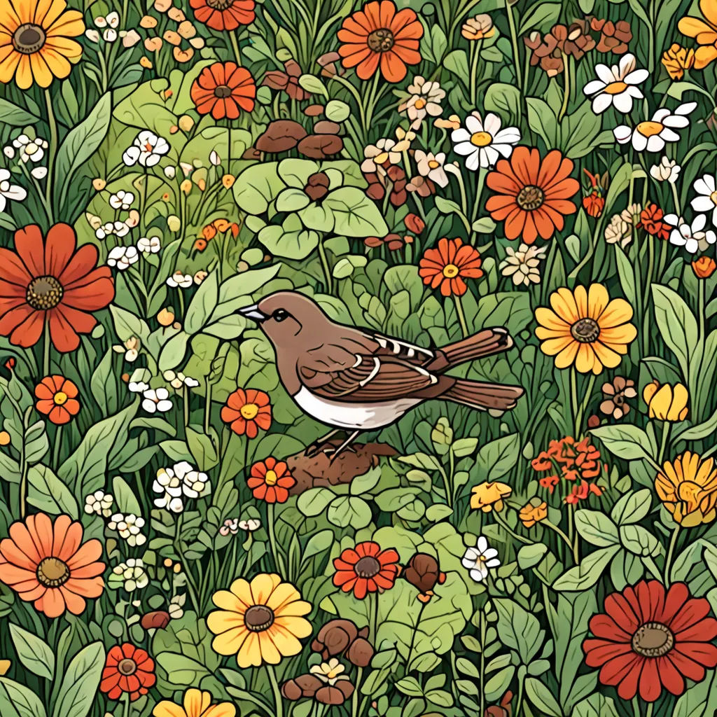 a bird sitting on a flowery patch of grass in a field of flowers and daisies, with a bird on the grass, Claire Hummel, naturalism, a storybook illustration, in gouache detailed paintings