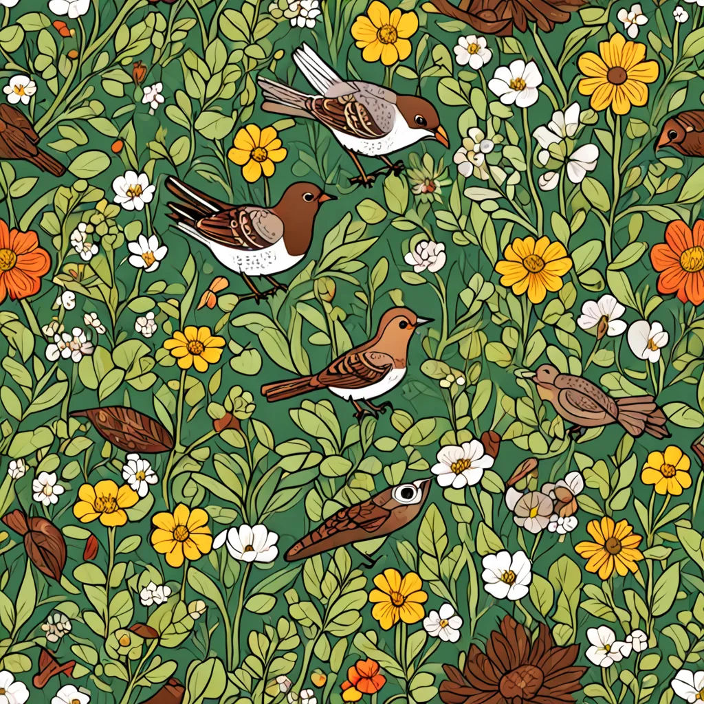 a bunch of birds that are in the grass and flowers on a green background with flowers and leaves on it, Annabel Kidston, generative art, a storybook illustration, birds
