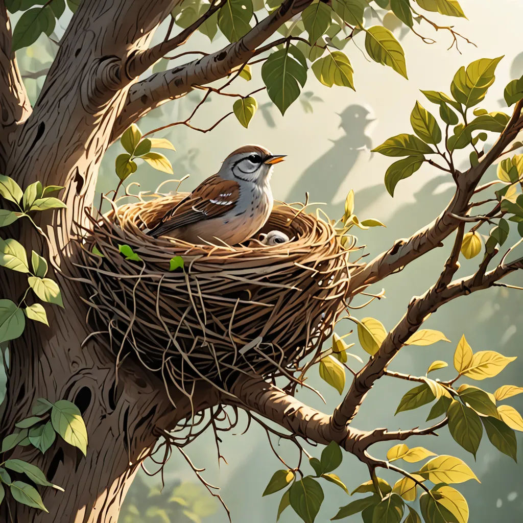 a bird sitting in a nest on a tree branch with leaves around it and a shadow of a person in the background, Chris LaBrooy, fantasy art, a storybook illustration, highly detailed digital painting
