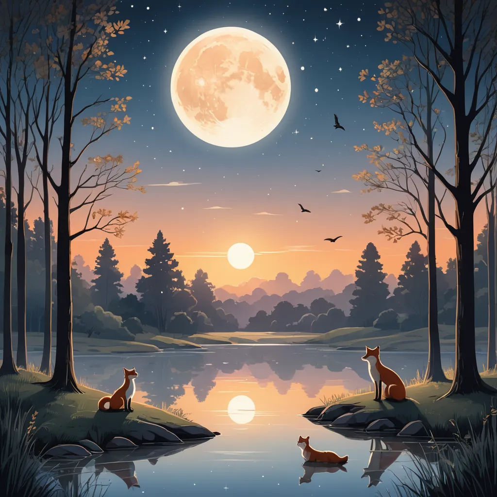 a painting of two foxes sitting on a rock in the woods at night with a full moon in the sky, fantasy art, a storybook illustration, Chris LaBrooy, highly detailed digital painting