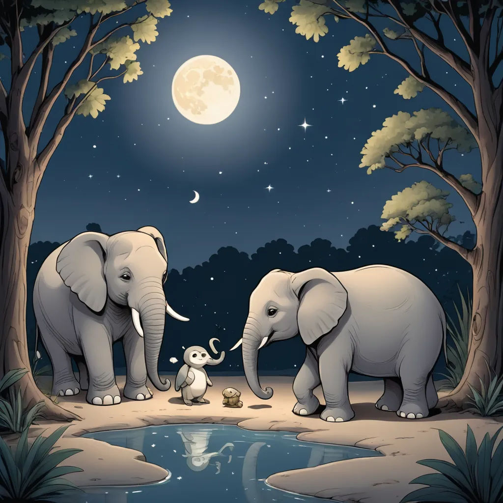 two elephants are standing in the middle of a pond with a baby elephant in front of them and a full moon in the background, pop surrealism, a storybook illustration, Chris LaBrooy, storybook illustration