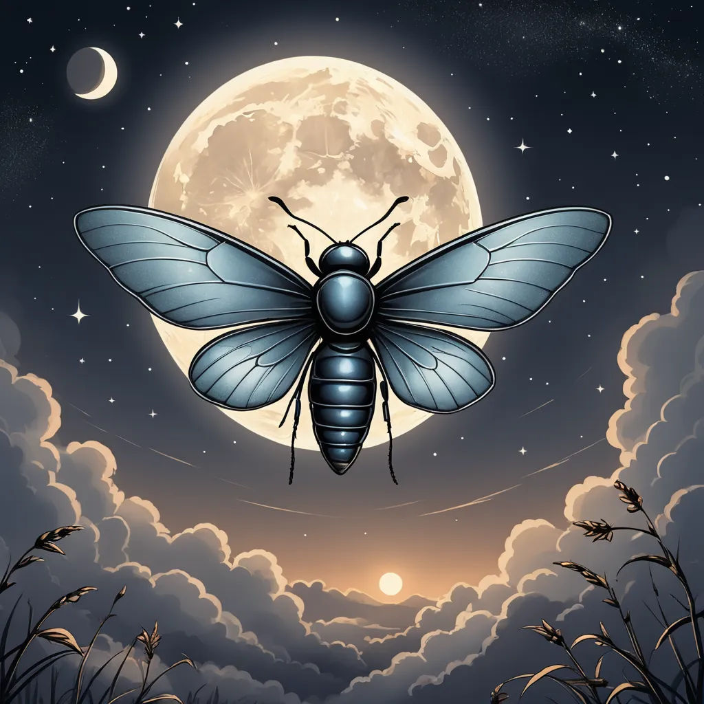 a large blue insect flying over a full moon in the sky with clouds and grass below it, with a full moon in the background, fantasy art, a storybook illustration, Dan Mumford, detailed illustration