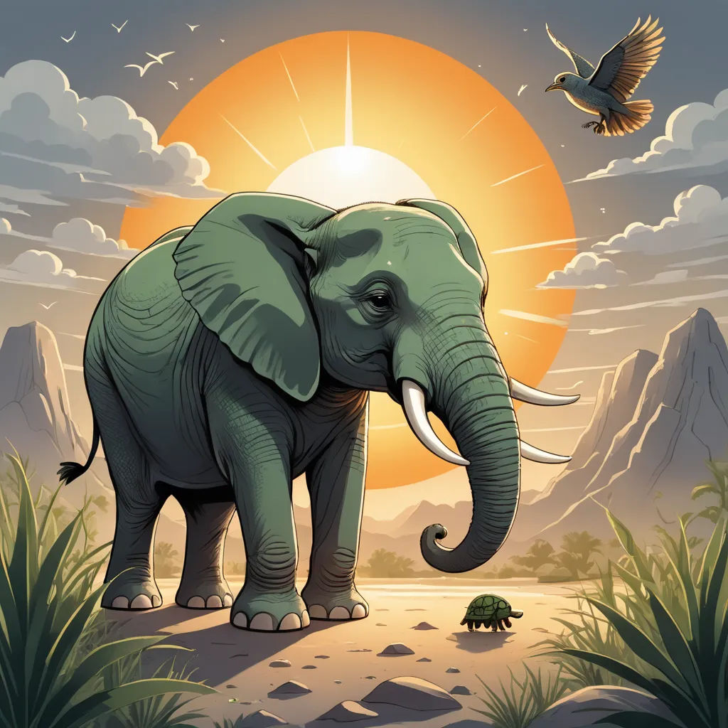 an elephant standing in the middle of a desert with a bird flying above it and a turtle in the background, sumatraism, a storybook illustration, Chris LaBrooy, rossdraws global illumination