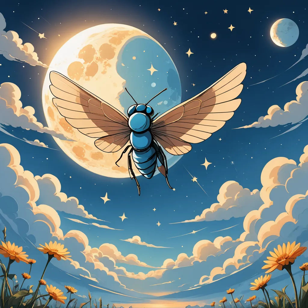 a painting of a bee flying in the sky with a full moon in the background and clouds in the foreground, fantasy art, a storybook illustration, Chris LaBrooy, fireflies
