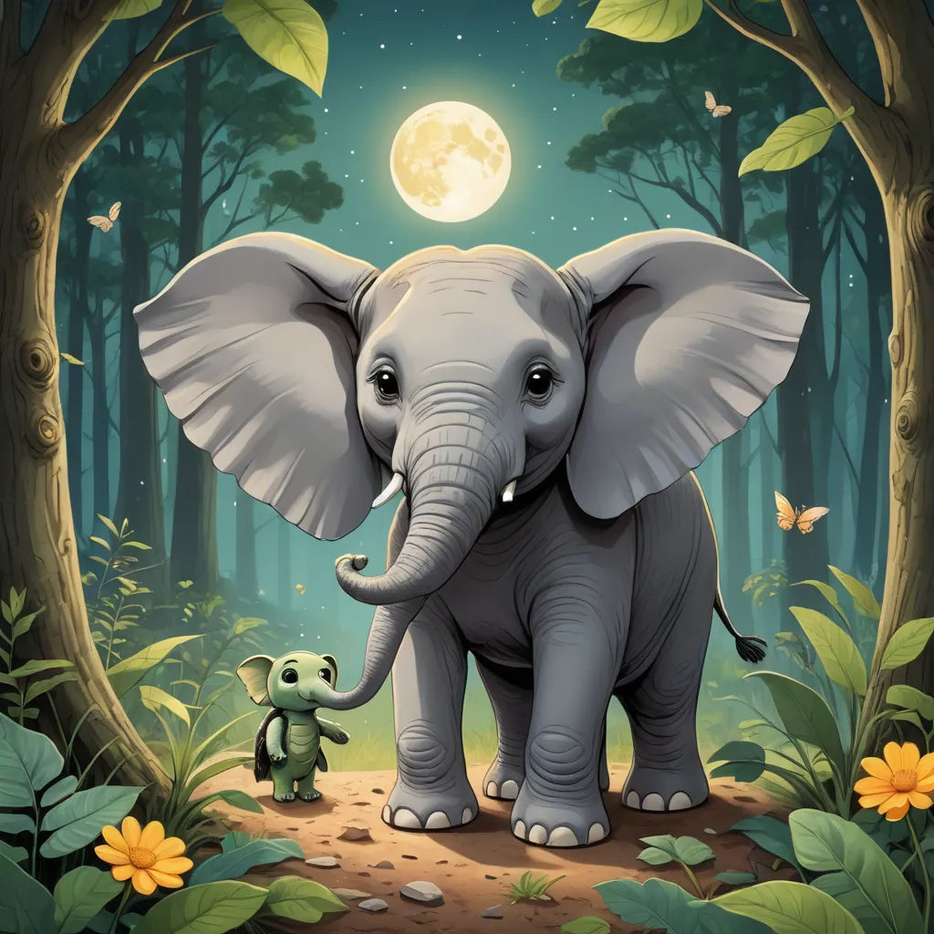a baby elephant standing next to an adult elephant in a forest with a full moon in the background and a little green elephant standing in the foreground, pop surrealism, a storybook illustration, Chris LaBrooy, storybook illustration