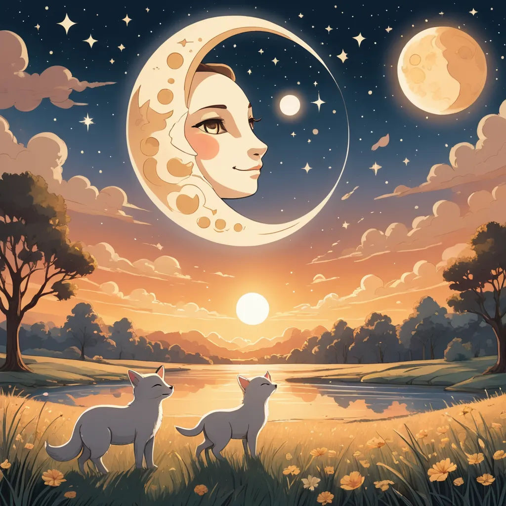 a painting of two animals standing in a field under a moon and stars sky with a lake and trees, fantasy art, a storybook illustration, Diego Gisbert Llorens, moon