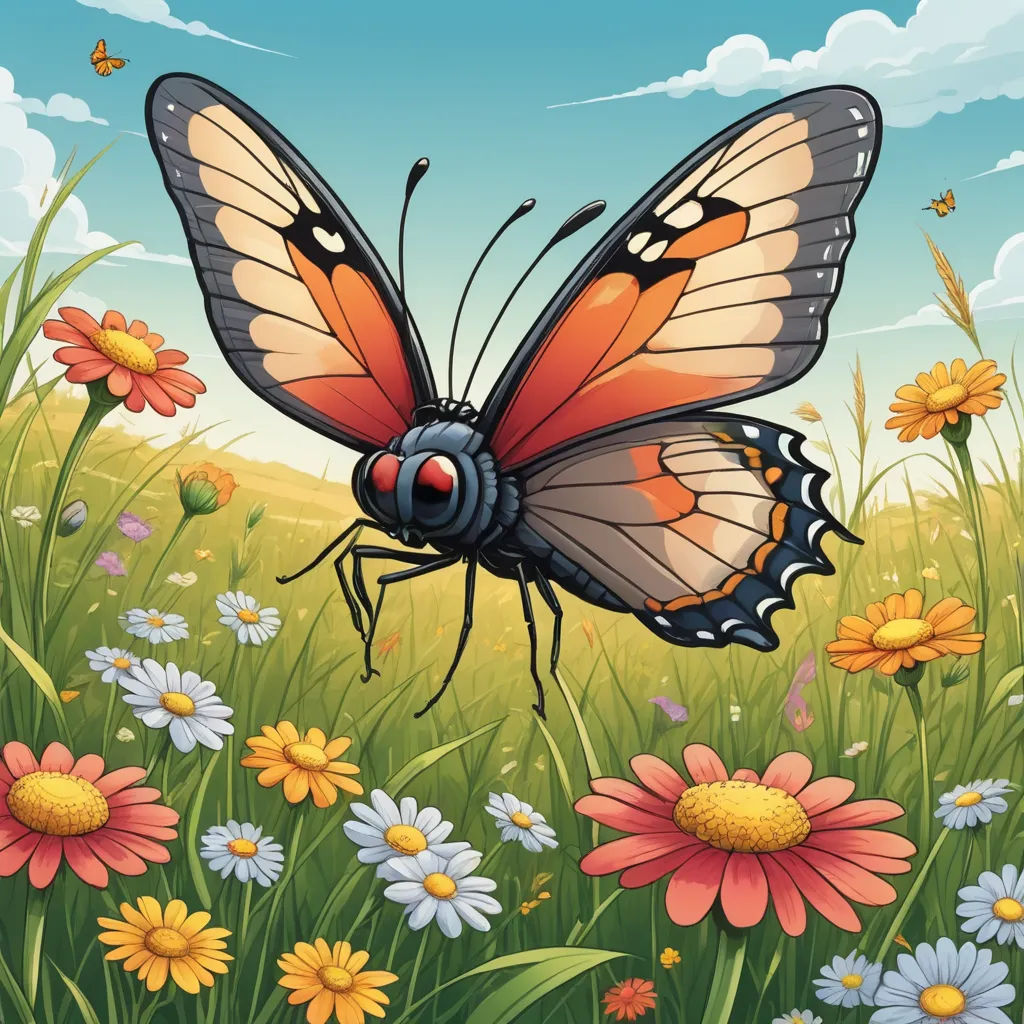 a butterfly in a field of flowers with a sky background illustration by alex krapfa, a talented artist, fantasy art, a storybook illustration, Dan Mumford, game art