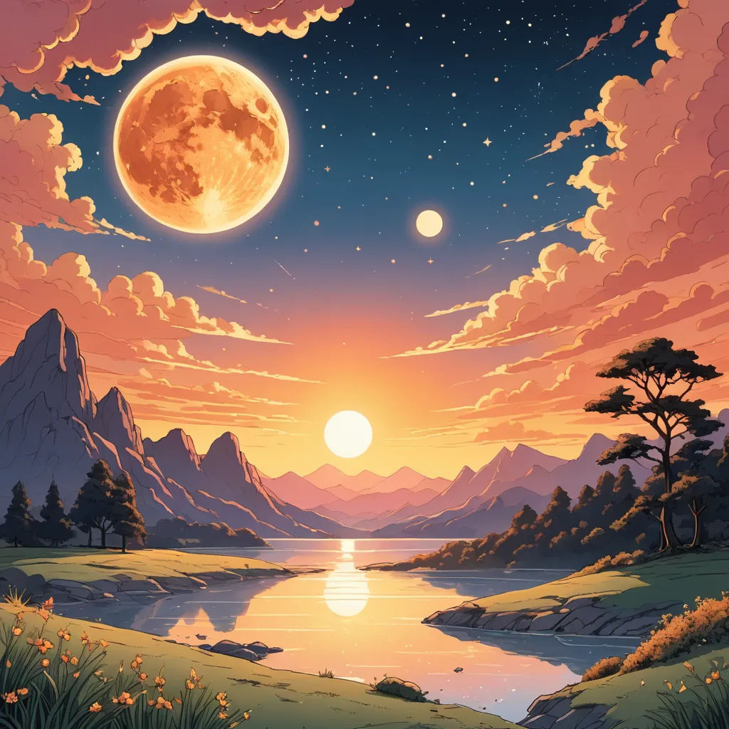 a painting of a sunset with a lake and mountains in the background and a full moon in the sky, space art, a detailed matte painting, Chris LaBrooy, planets