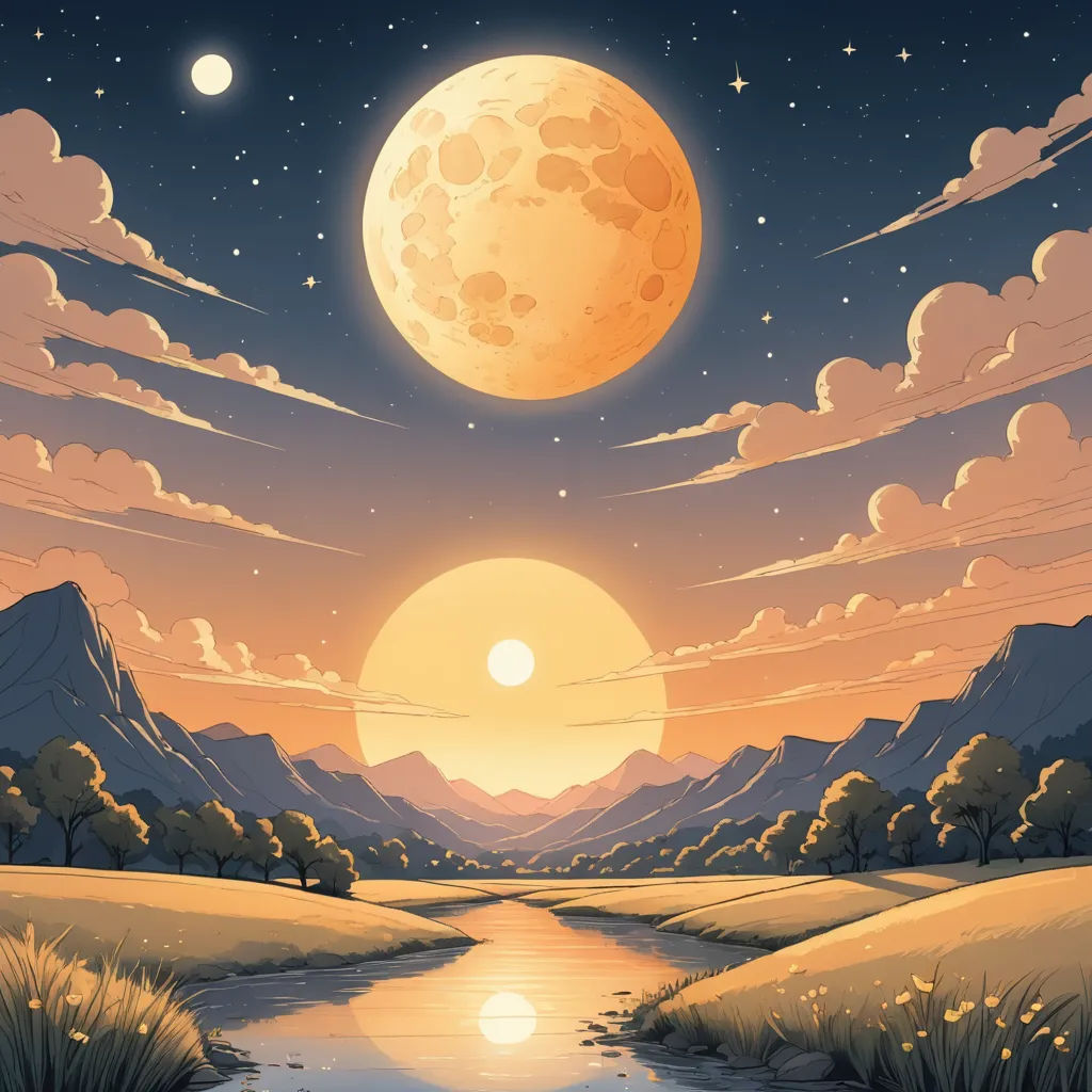 a painting of a river and a full moon in the sky with clouds and grass in the foreground, space art, concept art, Chris LaBrooy, sun