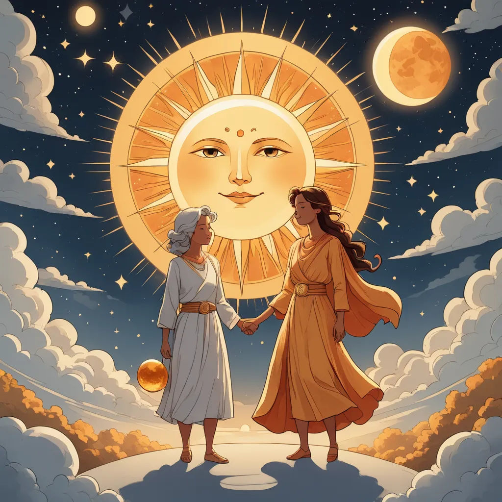 two women standing in front of a sun with clouds and stars on it, one holding the hand of the other, fantasy art, a storybook illustration, Elinor Proby Adams, sun